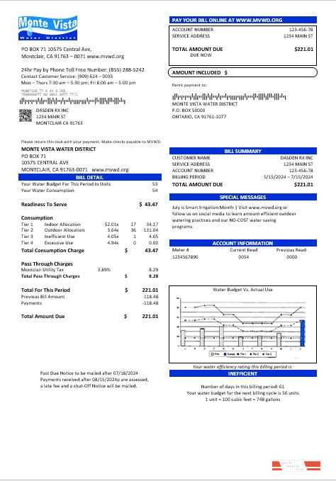 USA California Monte Vista Water District business utility bill template in Word and PDF formats